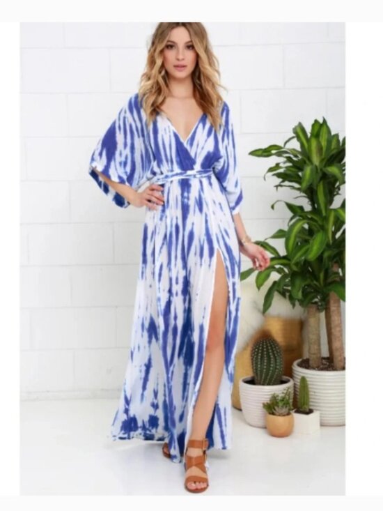Lulus Dresses & Skirts - Lulus Sunday Morning Blue Tie-Dye Wrap Maxi Dress Cover Up Beach Size XL